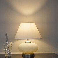 MALOTO Frosted White Glass and Chrome Finish Metal Table Lamp With White Cotton Shade
