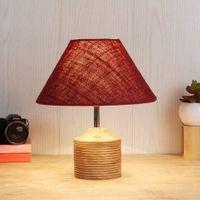 Joyce Maroon Natural Fiber Shade Table Lamp with Natural Wooden Base