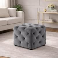 Doe Buck Colchester Velvet Tufted Ottoman Cube in Grey Colour with Wooden Base