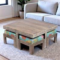 Blane Sheesham Wood 4 Seater Coffee Table Set In Antique Grey Finish Floral Print Green Kantha Cushion