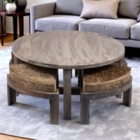 Nashville Sheesham Wood 4 Seater Coffee Table Set In Antique Grey Finish Green Sparkle Velvet Cushion
