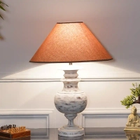 Marasol Frosted White Wood Table Lamp with Beige Cotton Shade