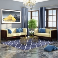 Prashiv 3+2 Seater Wooden Sofa (Creame Colour, Walnut Finish)