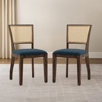 Reed Cane Chair Set Of 2 In Danish Walnut And Colour Night Blue Velvet