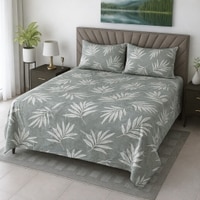 Rian Grey Floral 400 TC Cotton Flat Queen Size Bedsheet with 2 Pillow Covers – Threads