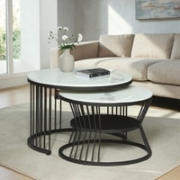 Metalzu Square Metal Nesting Coffee Table Set Black Finish White Porcelain Top Set Of 2