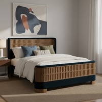 Heritage Cane Upholstered Queen Size Bed in Linen With Oak wood Frame