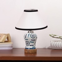 Devansh Conical White & Black  Cotton Shade Lamp With Wood & Mosaic Glass Base For Decoration/Office/Home/Gifting/Study For Decoration/Office/Home/Gifting/Study -(10X10X14.5) Inches -A