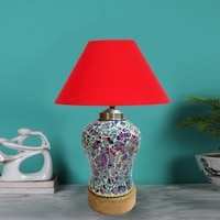 Devansh Conical  Red Cotton Shade  Lamp With  Wood & Mosaicglass Base For Decoration /Office/Home/Gifting/Study For Decoration /Office/Home/Gifting/Study -(10X10X14.5) Inches -
