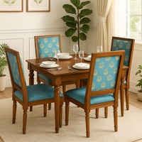 Globally Indian Sheesham Wood Turning Leg 4 Seater Dining Table Set With 4 Solid Wood Upholstered Chairs –  In Blue Color