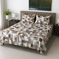 Cream Geometric 210 TC Mix Cotton Flat Super King Size Bedsheet With 2 Pilllow Covers From Threads