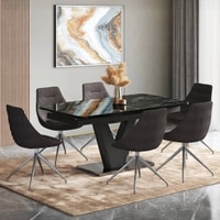 Caribu 6 To 8 Extendable Dining Table With Set Of 6 Doris Swivel Accent Chairs (Colour- Dark Grey, Finish- Black High Gloss)
