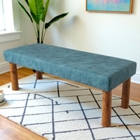 Asteria Solid Wood 2 Seater Bench In Textured Cyan Blue Jackard Fabric
