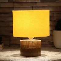 Corinna Yellow cotton table lamp with Natural Wood Base