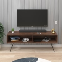 BLUEWUD Averyl Engineering Wood TV Entertainment Unit Set Top Box Stand/TV Cabinet Panel with Shelves for Books & D�cor Display Unit with Black Pencil Legs, Ideal for 55 Inches (Brown Maple)