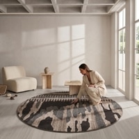 Handmade Round Wool Rug Modern Abstract Brown Grey 6 Feet Carpet