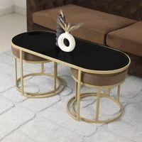 Benton Nesting Black Glass Coffee Table Set With 2 Stools In Gold Finish