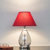 DECADE Blue Luster Glass and Metal Table Lamp With Maroon Cotton Shade