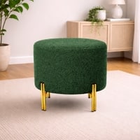 Doe Buck Premium Boucle Round Ottoman in Matte Green Colour with Polished Gold Legs
