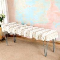 Belmont Sheesham Wood Mid Century 3 Seater Bench With Metal Legs In Beige Fabric