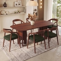 Brava Solid Wood 6 Seater Dining Table with 6 Zen Solid Wood Dining Armchair in (Finish: Honey, Colour: Olive Leatherette)