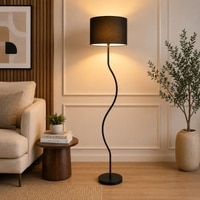 Romy Black Cotton Floor Lamp with Solid Wood