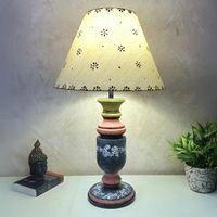 Pillar Dotted Pink Stone Wooden Table Lamp in Multicolor