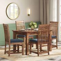 Fidora 4 Seater Dining Table With Set Of 4 Diego Dining Chairs (Colour- Midnight Indigo Blue , Finish- Teak)