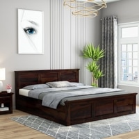 Stainfiled Solid Wood King Size Bed In Hydraulic Storage Bed In Walnut Finish