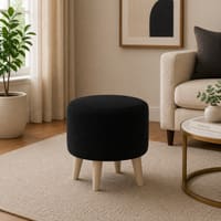 Doe Buck Parker Velvet Round Ottoman Stool in Black Colour with Wooden Legs