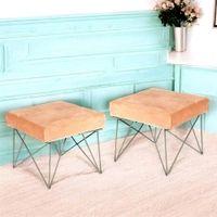 Asansol Sheesham Wood Accent Square Set of 2 Stools     in Melon Pink Cotton Velvet Upholstery