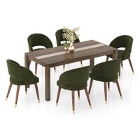 Atlas Crest Solid Wood 6 Seater Dining Table In Danish Walnut Finish with 6 Celia Accent Dining Chair in Deep Olive Velvet Fabric in Dark Teak Finish