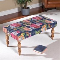 Bestone Sheesham Wood Mid Century 2 Seater Bench In Fruit Print Blue Kantha
