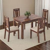 Fidora 4 Seater Dining Table With Set Of 4 Martha Dining Chairs (Colour- Wheat Brown, Finish- Teak)