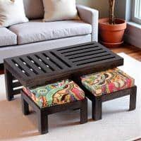 Irish Sheesham Wood Coffee Table With 2 Stools Set In Mahogany Finish & Multi Colour Israel Print Kantha Fabric Cushions