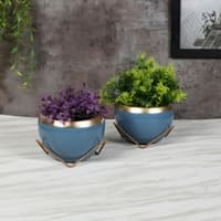Apple Shape Metal Planter Set Of 2 In Blue And Gold Colour