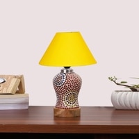 Devansh Conical Yellow Cotton Shade Lamp With Wood & Mosaic Glass Base For Decoration/Office/Home/Gifting/Study For Decoration/Office/Home/Gifting/Study -(10X10X14.5) Inches -A