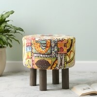 Morgan Solid Wood Pouf Stool in Multicolour Patch Kantha Fabric