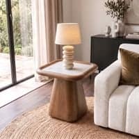 Lazo Solid Wood And Banswara Marble Side Table In Amber Walnut Finish
