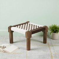 Riaza Solid Wood Maachi Foot Stool in Brown & White Check Canning