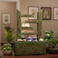 Zigzag Modern Zen Cascading Indoor Tabletop Water Fountain With Light Natural Slate Stone River