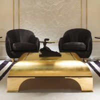 Megacosm High End Coffee Table In Golden Leafing Curvy Legs In Electroplated Brass Finish