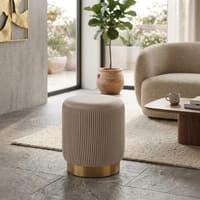 Doe Buck Damato Luxury Velvet Round Ottoman in Light Beige Colour with Gold Base