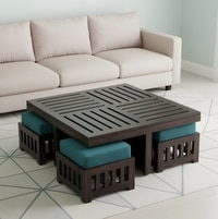 Palladio Sheesham Wood Coffee Table With 4 Stools Set In Mahogany Finish & Turquoise Sea Velvet Fabric Cushions