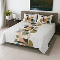 Off White Geometrical 400 TC Cotton Flat Super King Size Bedsheet With 2 Pilllow Covers From Threads