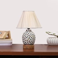 Devansh Off-White Vintage  Cotton Pleated Shade Lamp With Wood & Mosaic Glass Base For Decoration/Office/Home/Gifting/Study For Decoration/Office/Home/Gifting/Study