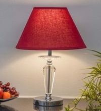Viso Chrome Finish Metal And Clear Crystal Glass Table Lamp With Maroon Cotton Shade