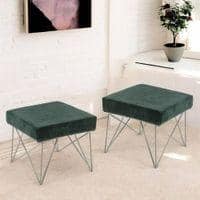 Asansol Sheesham Wood Accent Square Set of 2 Stools     in Green Cotton Velvet Upholstery
