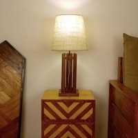 Elegant Brown Wooden Table Lamp with Black Fabric Lampshade