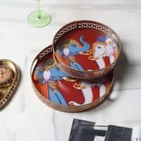 Elephant Round Pichwai Tray Set Of 2 In Blue And White Colour
